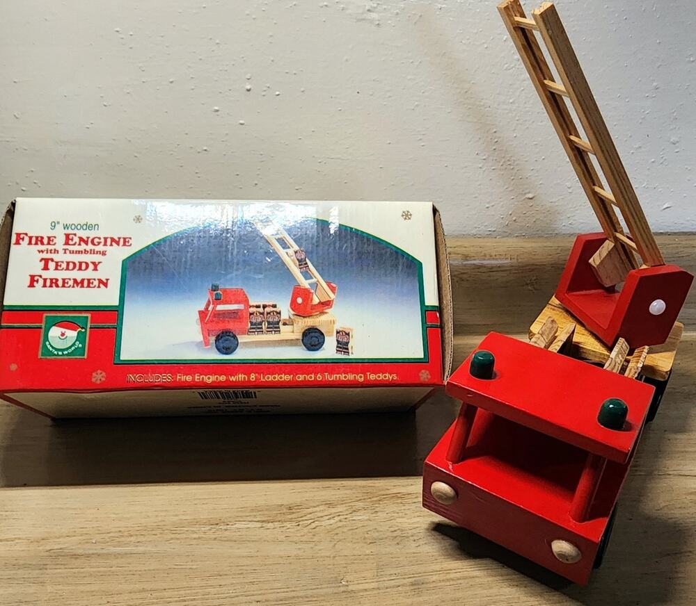 Vintage Wooden 9" Fire Engine with Tumbling Teddy Fireman Never Played With